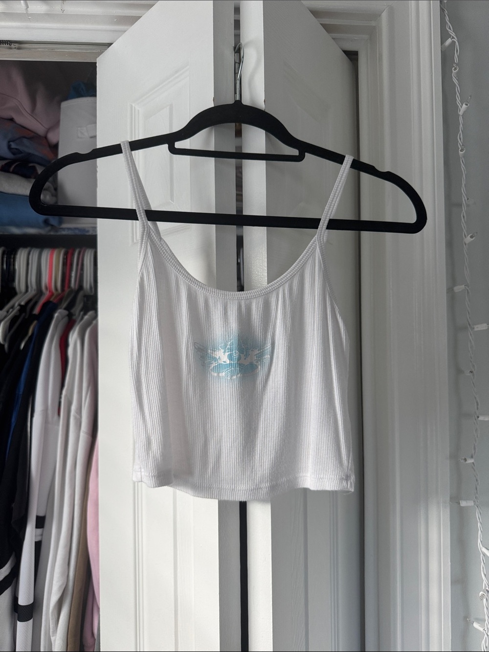 Boys Lie White Ribbed Cropped Tank Top with Blue Graphic